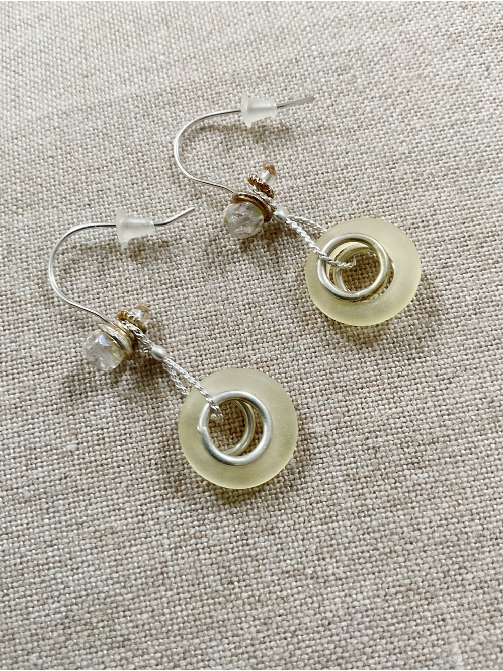 Vintage 925 Sterling Silver Frosted Lucite Disc Drop Earrings Modernist Dangle